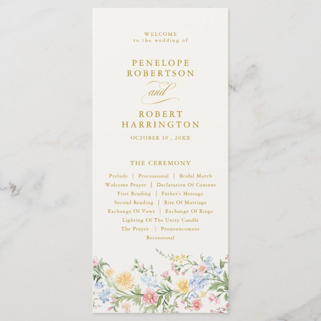 Programme Soft Pastel Ornate Spring Gold Floral Wedding (Devant)
