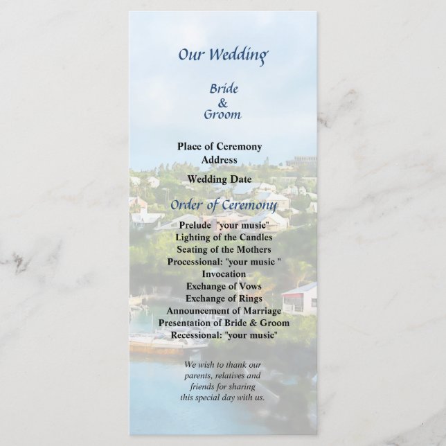 Programme St. George's Harbour, Bermudes Wedding Program (Devant)