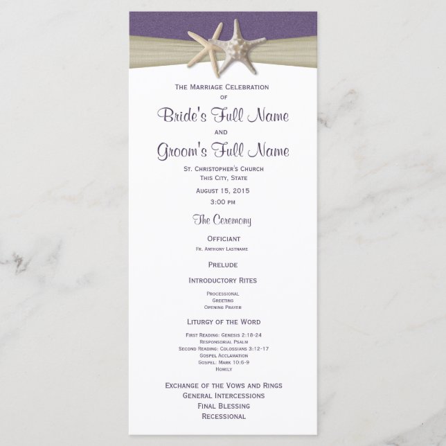 Programme Starfish et Burlap Purple Beach Wedding Program (Devant)