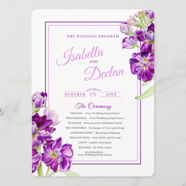 Programme Stock fleurs violet aquarelle art mariage (Devant)