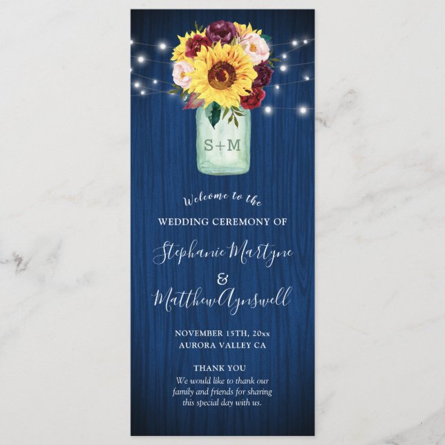 Programme Sunflower Navy Blue Mason Jar Floral Mariage (Devant)