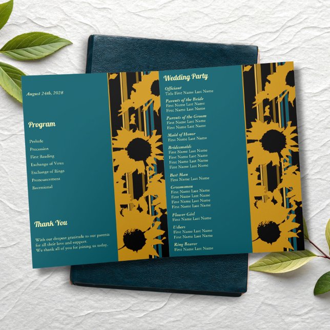 Programme Sunflower Teal Blue Gold Modern Folded Wedding  (Créateur téléchargé)