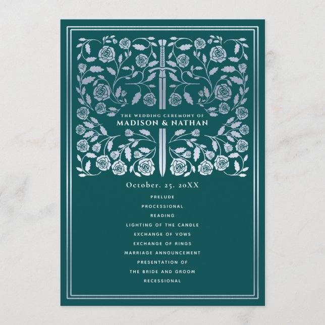 Programme Teal Royal Medieval Silver Sword Wedding Program (Devant)
