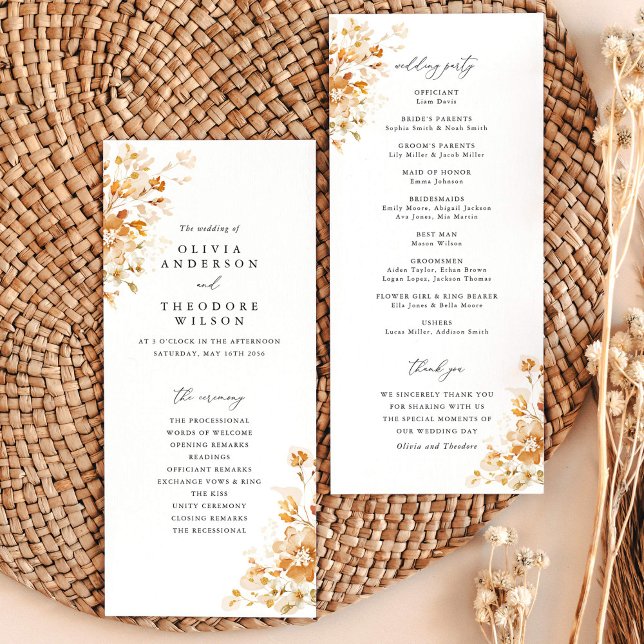 Programme Terracotta Floral Elegant Wedding Ceremony (Terracotta floral wedding program card, elegant ceremony order, burnt orange watercolor stationery)