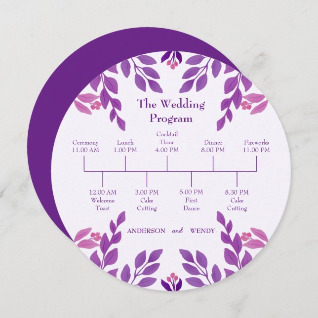 Programme Thème Mariage Feuille violet (Devant / Derrière)