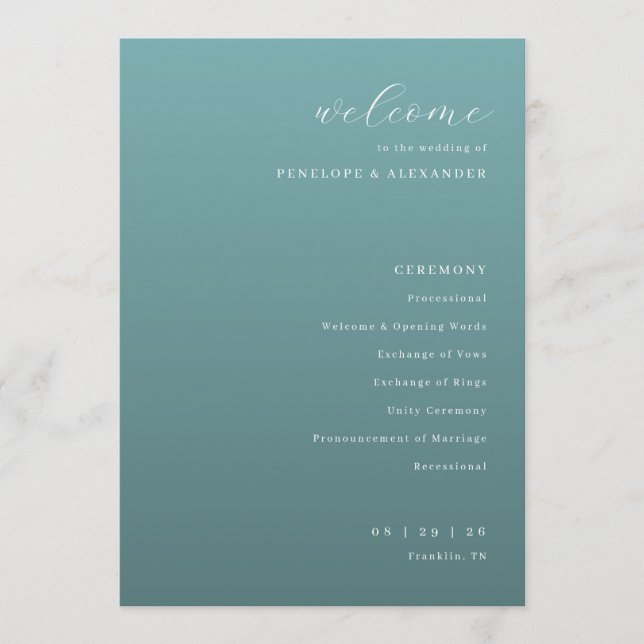 Programme Tranquil Teal Wedding Ceremony Schedule (Devant)