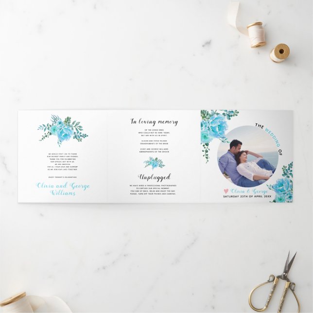 Programme Trois Volets Aqua bleu aquarelle fleurs vert feuilles, photo (Extérieur)