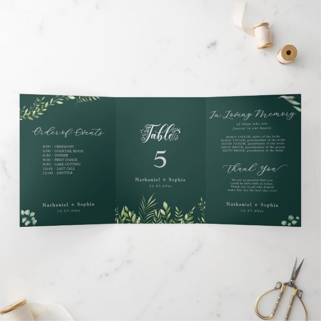 Programme Trois Volets Aquarelle Gold Greenery Tripli Numéro de tableau (Intérieur)