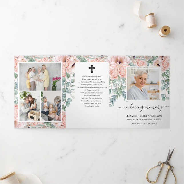 Programme Trois Volets Aquarelle rose Peony Memorial Funérailles florales (Extérieur)