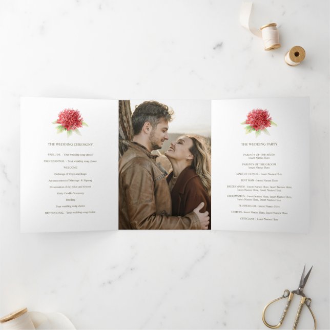 Programme Trois Volets Aquarelle rouge waratah photo mariage (Intérieur)