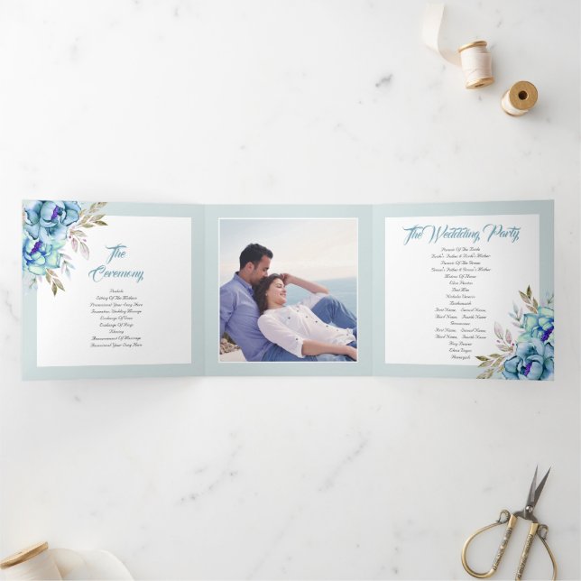 Programme Trois Volets Bleu, vert menthe fleurs d'aquarelle mariage photo (Intérieur)