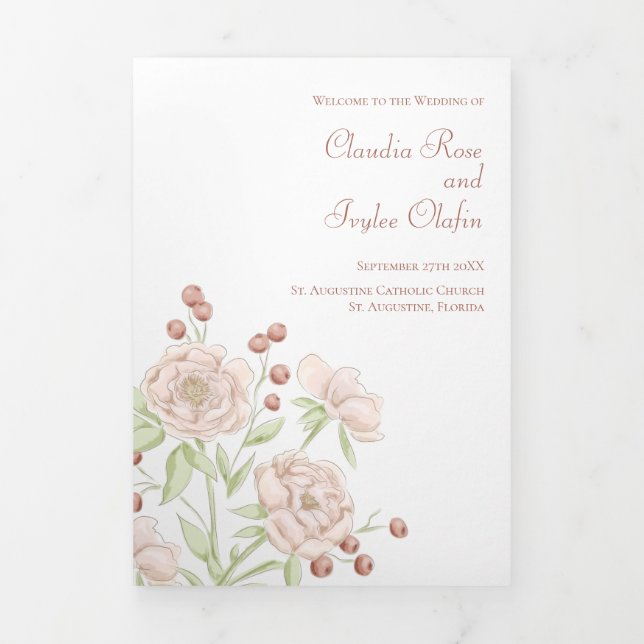 Programme Trois Volets Blush Pink Roses Wedding Programs Modern (Page de couverture)