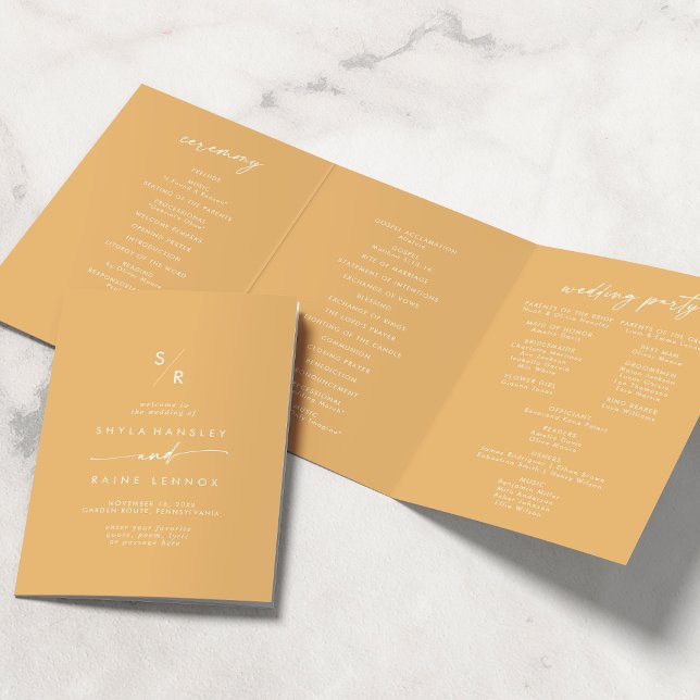 Programme Trois Volets Boho Chic Jaune Marigold Mariage Monogramme (Créateur téléchargé)