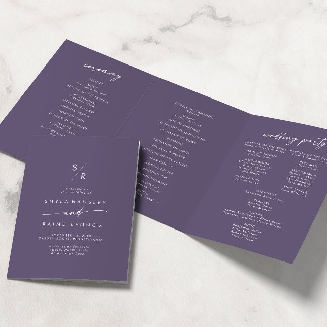 Programme Trois Volets Boho Chic Plum Purple Monogram Mariage (Créateur téléchargé)