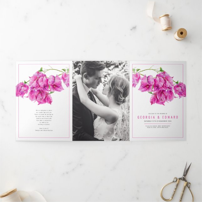 Programme Trois Volets Bougainvillea fleurs roses aquarelle mariage (Extérieur)