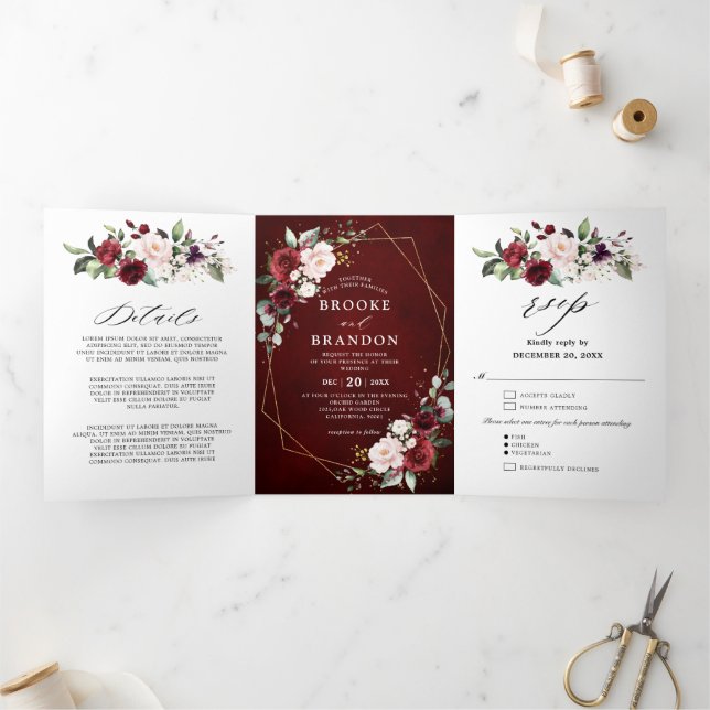 Programme Trois Volets Bourgogne Blush Floral moderne Mariage géométrique (Intérieur)