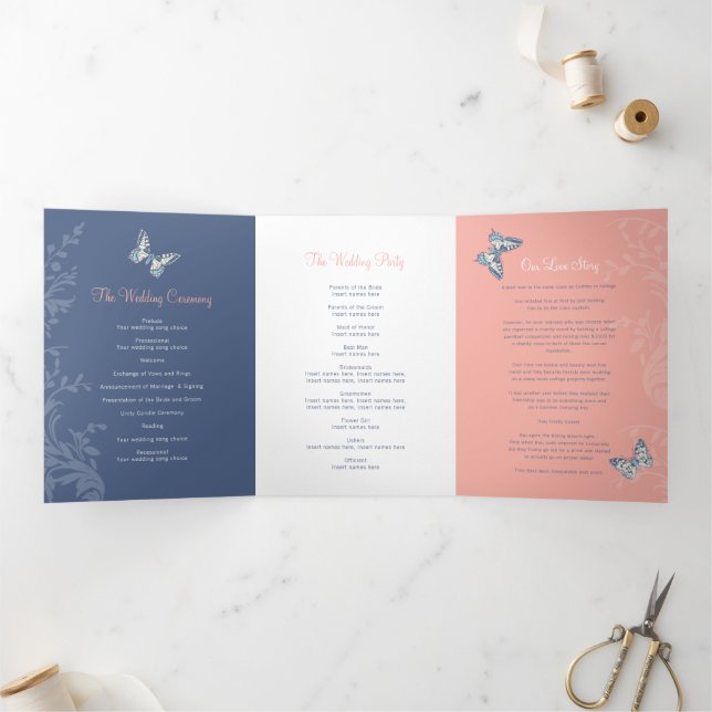Programme Trois Volets Coral bleu papillon histoire d'amour mariage (Intérieur)