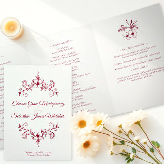 Programme Trois Volets Élégant Vintage Romance Bourgogne Floral Mariage