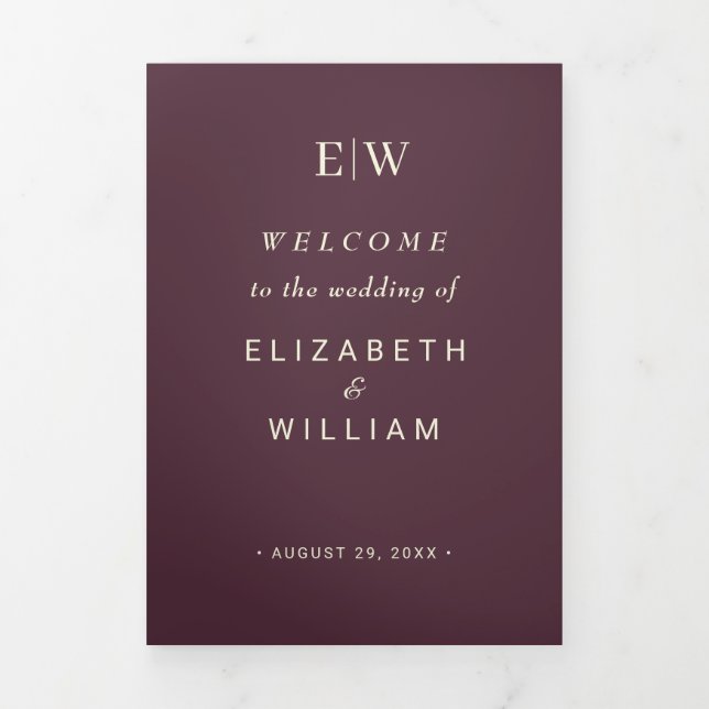 Programme Trois Volets Elégante laque simple cerise, Mariage Monogramme (Page de couverture)