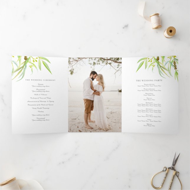 Programme Trois Volets Eucalyptus feuille aquarelle vert photo mariage (Intérieur)