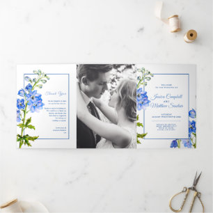 Programme Trois Volets Fleurs de delphinium bleu aquarelle mariage Tri-Fo