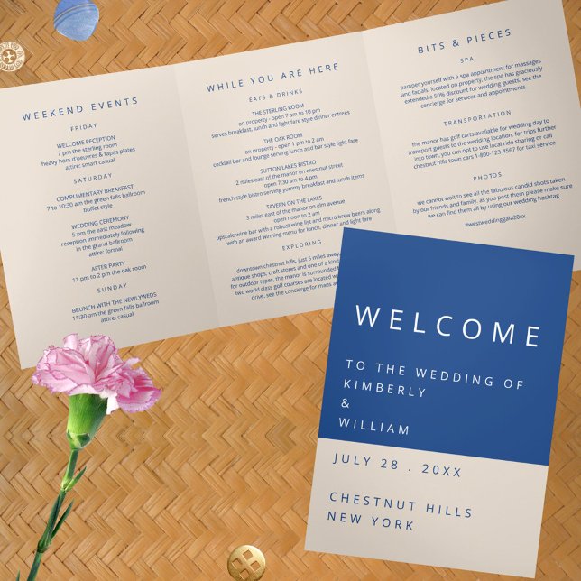 Programme Trois Volets Lettre de bienvenue Mariage Marseille Bleu Itinéra (Marseille Bleu Modern Wedding Tri-Fold Welcome Letter Itinerary Program)
