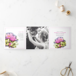 Programme Trois Volets Lys d'eau Lotus fleurs rose aquarelle mariage