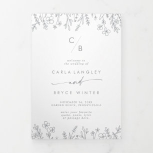 Programme Trois Volets Mariage Bohème Chic Fleur Sauvage Monogramme Gris