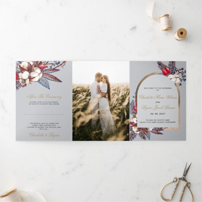 Programme Trois Volets Mariage Coton Hiver Bleu Poussiéreux Baies Rouges (Extérieur)