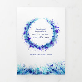 Programme Trois Volets Mariage de couronne d'aquarelle bleu