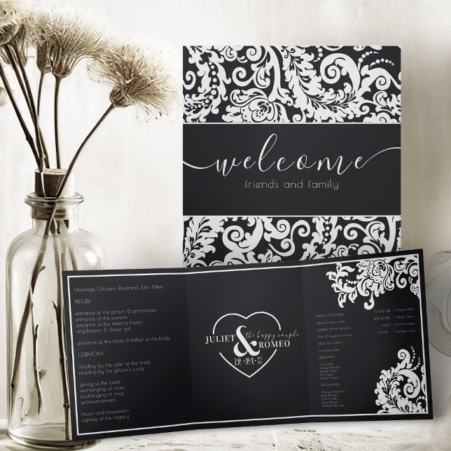 Programme Trois Volets Mariage élégant moderne Noir Blanc Floral Damask (elegant black and white floral damasic classic trifold wedding program)