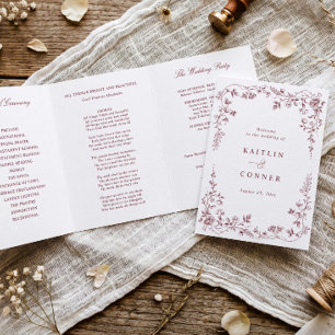 Programme Trois Volets Mariage Fleuris Toile de Jouy Rouge Bourgogne Vint