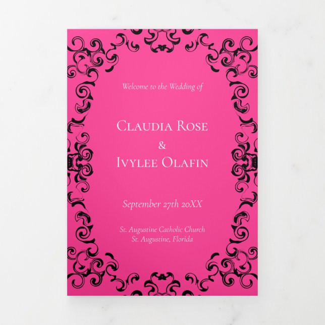 Programme Trois Volets Mariage gothique rose chaud et noir (Page de couverture)