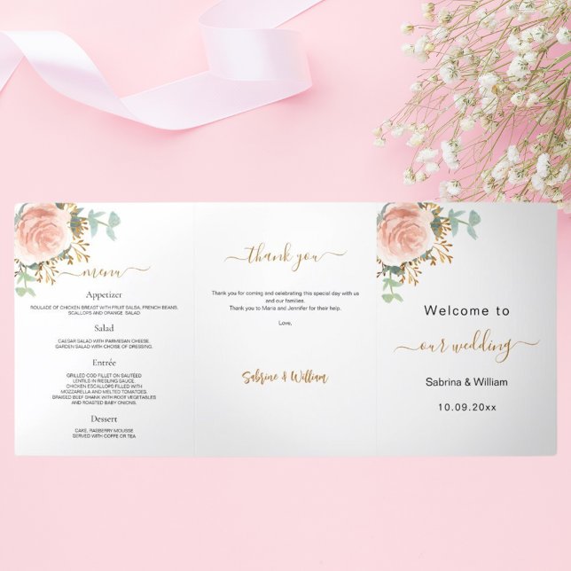Programme Trois Volets mariage rose d'eucalyptus à fleurs d'or (Créateur téléchargé)