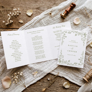 Programme Trois Volets Mariage Toile Florale Verte Olive Vintage Français