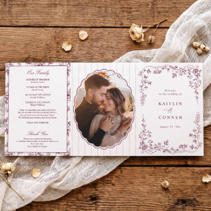 Programme Trois Volets Mariage Vintage Floral Toile de Jouy Rouge Vin Fra