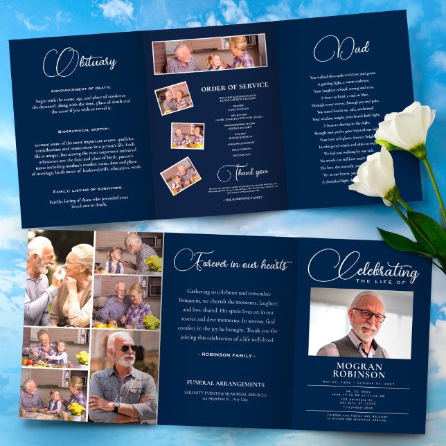 Programme Trois Volets Marine Blue Célébration de la vie Photo Funéraille (Elegant Funeral Program Template Foldable – Celebration of Life,Obituary,Photo Collage, Order)