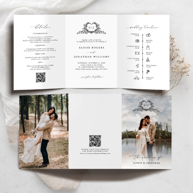 Programme Trois Volets Modern Minimalist Crest monogram Wedding Invite (Modern Minimalist Crest monogram tri fold photo Wedding Invite / announcement with QR code timeline)