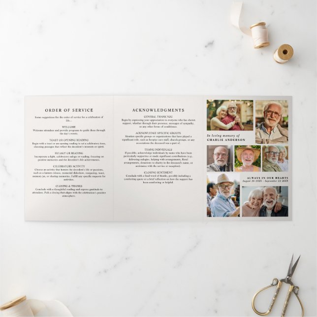 Programme Trois Volets Modern Script 8-Photo Funeral/Memorial (Extérieur)