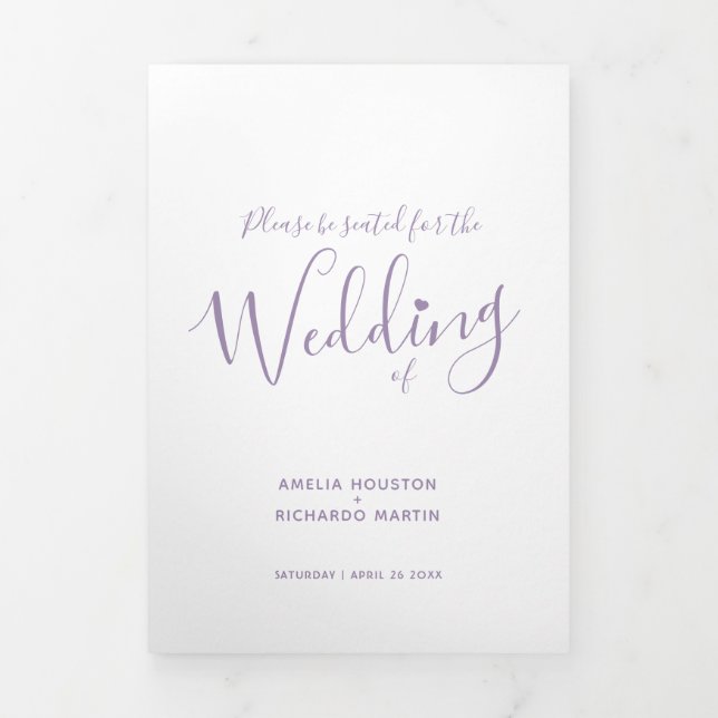 Programme Trois Volets Petit script de coeur blanc violet blanc mariage (Page de couverture)