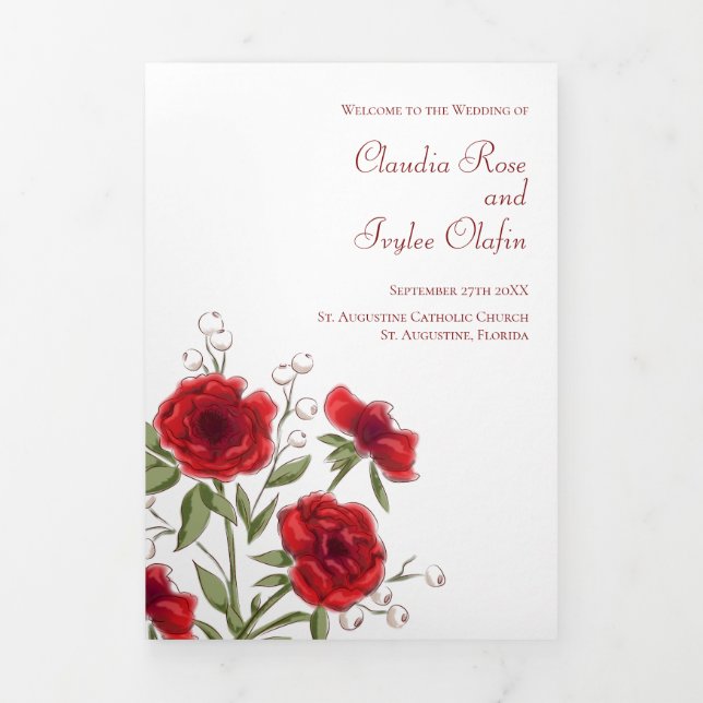 Programme Trois Volets Red Rose Romantic Wedding Programs (Page de couverture)