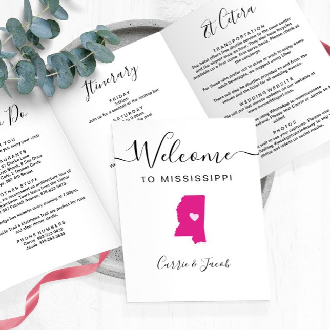 Programme Trois Volets Toute couleur Mississippi Mariage Bienvenue Itinér (Mississippi Wedding Welcome Letter & Itinerary)