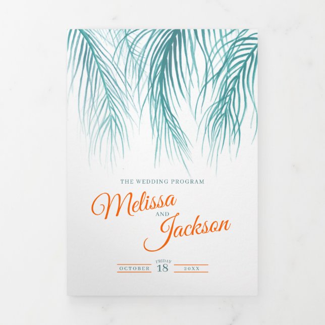 Programme Trois Volets Turquoise bleu orange palmiers tropicaux aquarelle (Page de couverture)