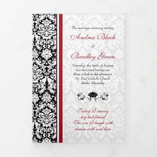 Programme Trois Volets Vintage Damask Red Black Tri-Fold Wedding Program