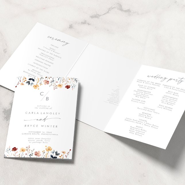 Programme Trois Volets Whimsical Multicolor Wildflower Monogram Wedding (Créateur téléchargé)