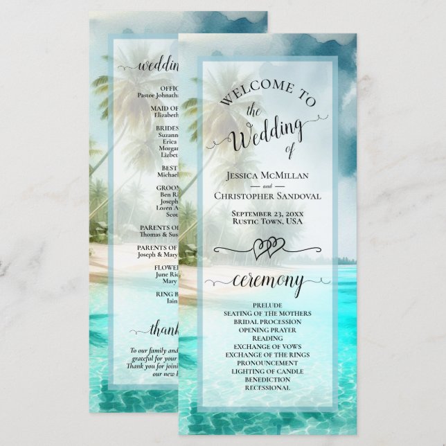 Programme Tropical Beach Coastal Palm Trees Elegant Wedding (Devant / Derrière)