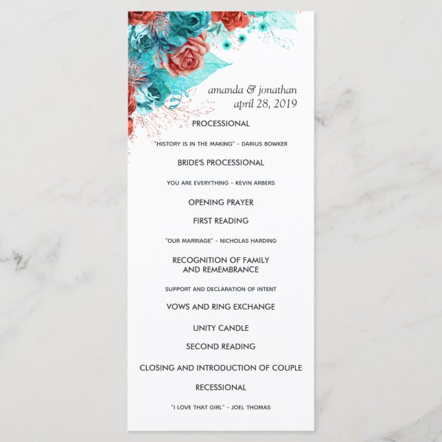 Programme Turquoise et corail Rustique Mariage floral (Devant)