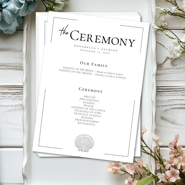 Programme Typographie minimale Mariage de coquillage noir et (Minimal Typography Black & White Seashell Wedding Program)