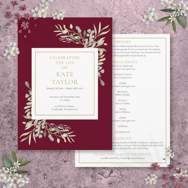 Programme Verdure Foliage Funérailles Mémorial Ordre de serv (Greenery Foliage Funeral Memorial Order Of Service Program)