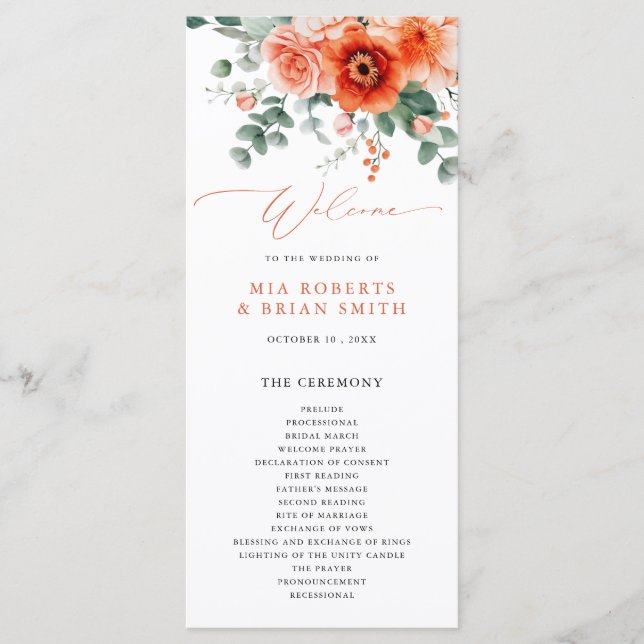 Programme Verona Sunset Bright Orange Moderne Mariage Floral (Devant)